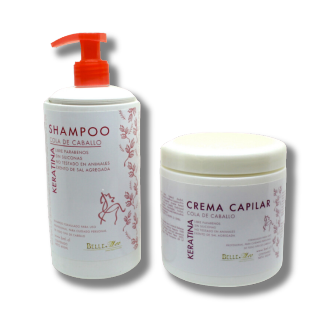 Set Crecimiento Cabello Bellemer®: Cola de Caballo y Queratina / Shampoo + Crema Capilar.